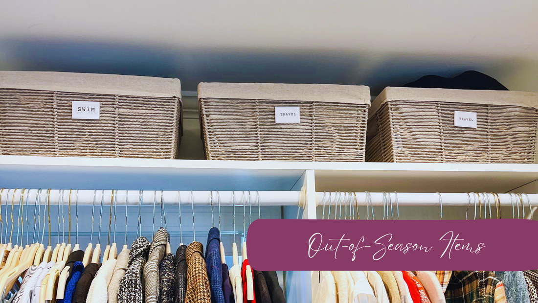 Out of season items organized in fabric bins and stored on the top shelf.